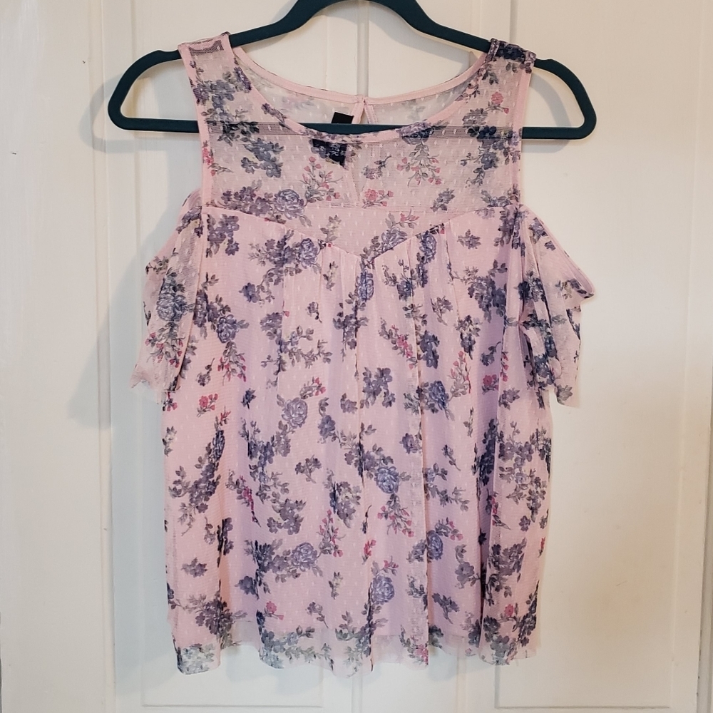 A. Byer Cold Shoulder Y2K Floral Mesh Blouse